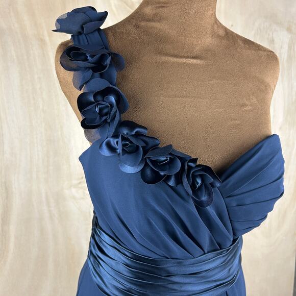 Bill Levkoff Navy One Shoulder Gown 8 Floral Strap Formal Wedding - Picture 4 of 8